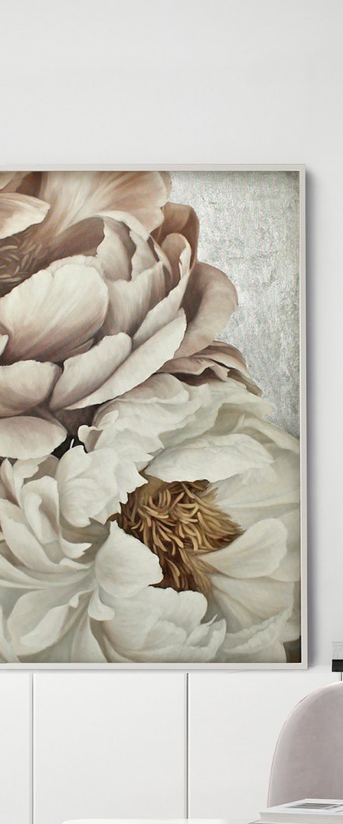 "Silk Flowers 2" White pink silver peonies by Olha