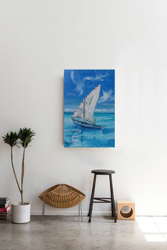 " SOMEWHERE IN PARADISE ... " SHIP BOAT SAIL original painting palette knife GIFT MODERN URBAN ART OFFICE ART DECOR HOME DECOR GIFT IDEA