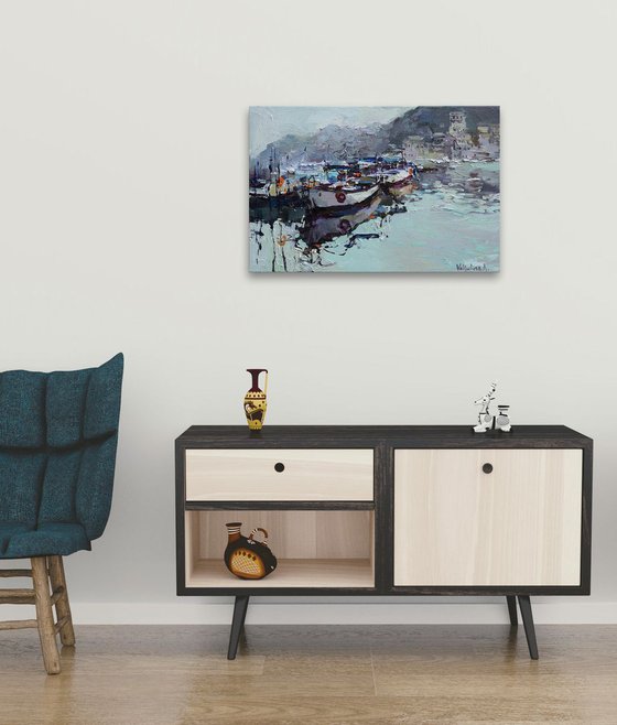 Boats in the bay - Original Landscape painting