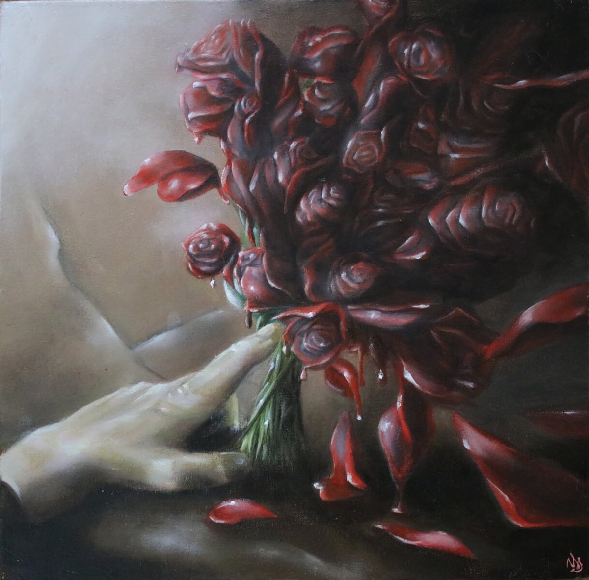 Surrealistic Still Life Oil Painting By Vanessa T Stefanova, 12 X 12", Roses, Original Artwork