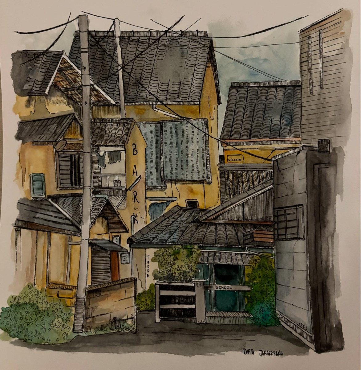 Illustrative Cityscapes Watercolour By Dipti Janardhana, 8 X 8, Torro, Original Artwork