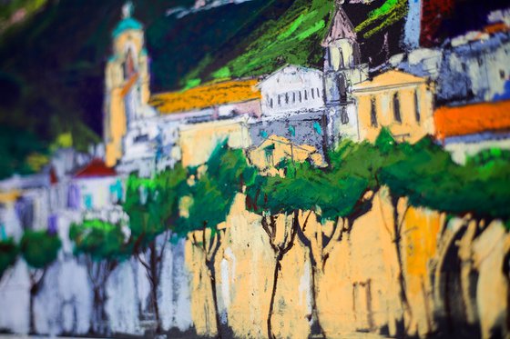 Amalfi. View from the sea. Cities of my dreams series. Medium oil pastel drawing bright colors italy