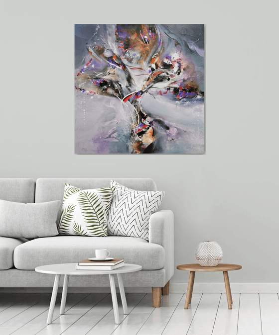 Large beautiful abstract action painting flowers in a pot enigmatic art by Kloska