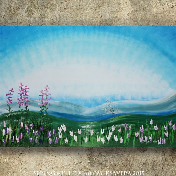 spring landscape B048 Sakura cherry blossom tree Tulips Large painting 110x160 cm unstretched canvas art green blue sky