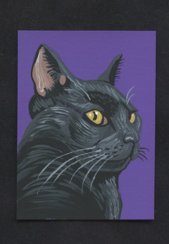 ACEO ATC Original Miniature Painting Bombay Black Cat Pet Feline Art-Carla Smale