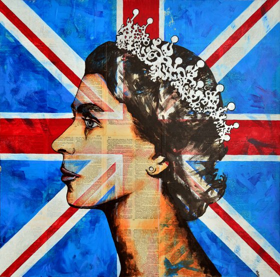 Queen Elizabeth II - Large Painting Portrait on Vintage Dictionary Pages