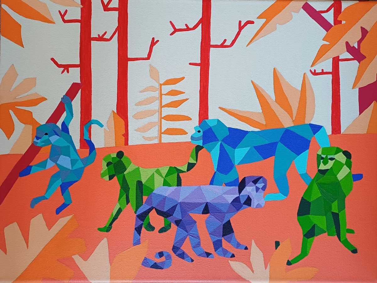 Geometric Animal Acrylic Painting By Corinne Hamer, 16 X 12, Monkeys, Original Artwork