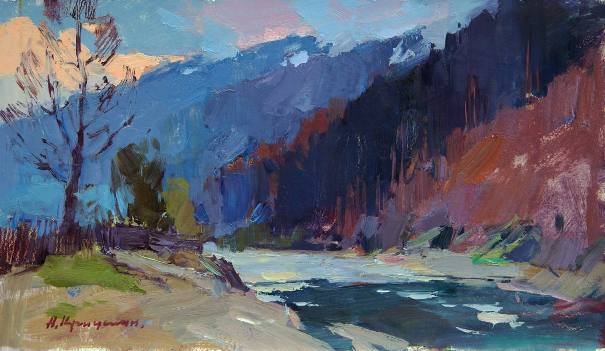 Impressionistic Landscape Oil Painting By Aleksandr Kryushyn, 18 X 11, Evening In The Mountains, Original Artwork