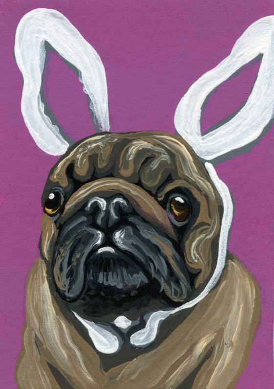 ACEO ATC Original Painting Easter Bunny Pug Dog Art-Carla Smale