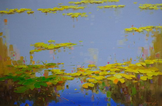 Waterlilies in Cobalt, Large Original oil Painting, Portrait Orientation,  Impressionism, Handmade artwork, One of a Kind