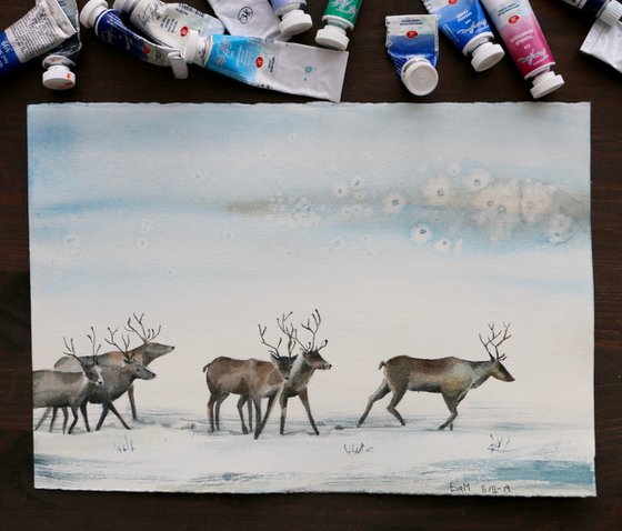 Reindeer. Winter landscape with walking deer. Original watercolor artwork.