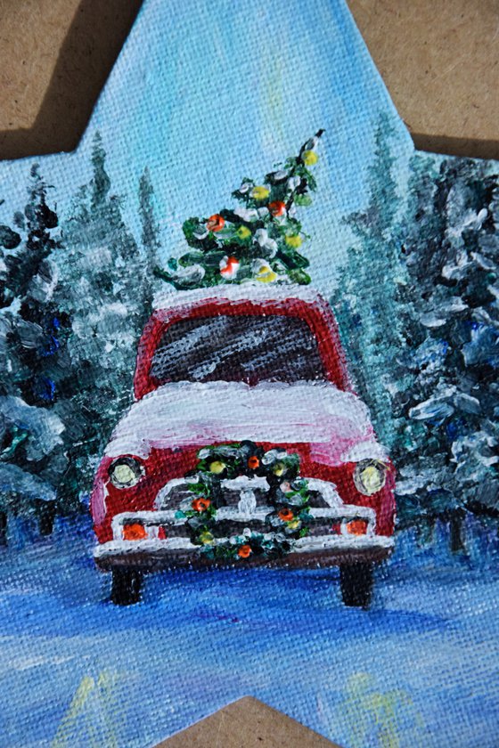 Personalised Christmas ornaments, original acrylic painting, hand painted bauble, tree red truck car