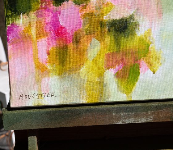 Flowers pink roses in a garden - impressionistic semi abstract floral painting Monet inspired