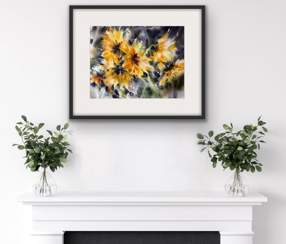 Autumn sunflowers.  one of a kind, original watercolor