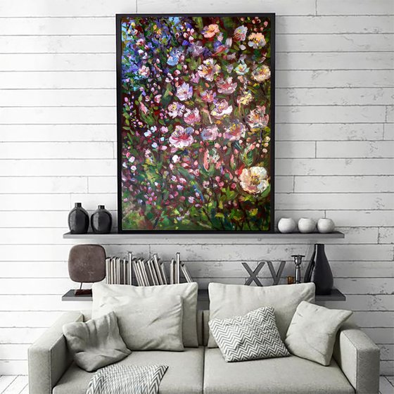 Spring blooming, acrylic floral painting, palette knife