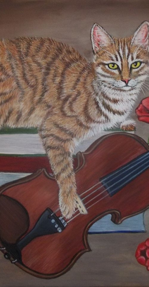 Ginger Cat with Violin and Tulips by Sofya Mikeworth