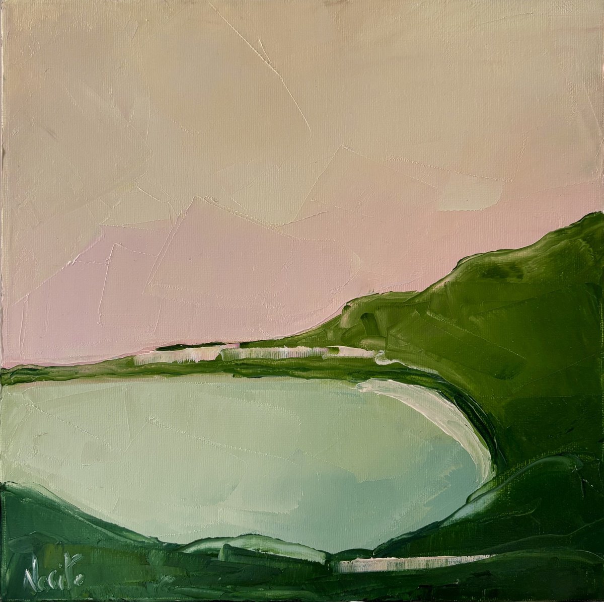 Expressive Oil Painting , Minimal Pastel Coastal Lagoon By Daniela Nocito, 12 X 12, Artwork For Sale On Artfinder