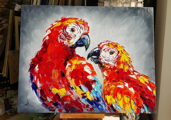 World for two -  parrots oil painting, bird, parrots, painting on canvas, gift, parrots art, art bird, animals oil painting