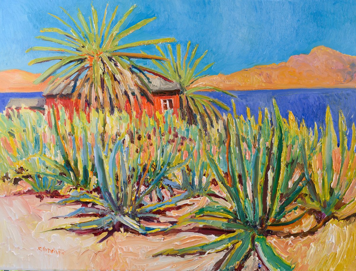 Expressive Landscape Oil Painting By Suren Nersisyan, 40 X 30", Agaves And Red House, Original Artwork