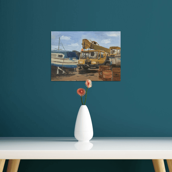 Boatyard crane, An original ‘plein air’ oil painting.