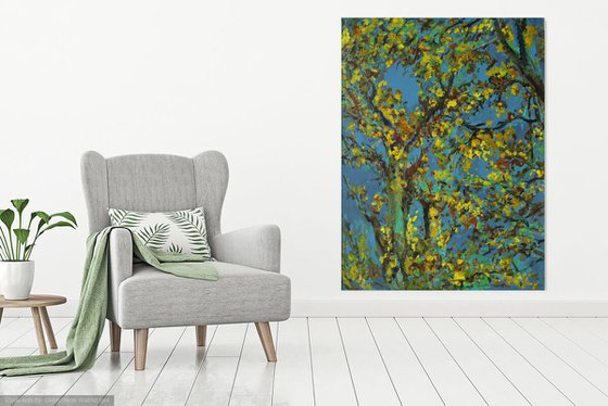 AUTUMN RHAPSODY. RELICT FOREST IN SAMUR - XXL large original painting, oil on canvas,  plants trees, blue yellow, ecology, love, landscape, impressionism,  interior art