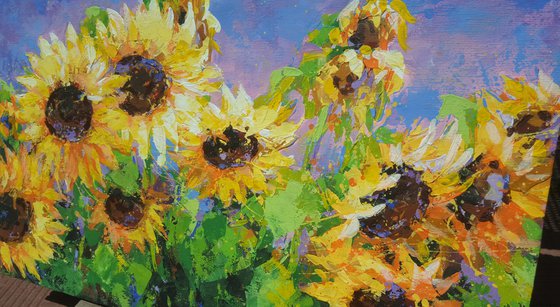 Yellow sunflowers on blue sky