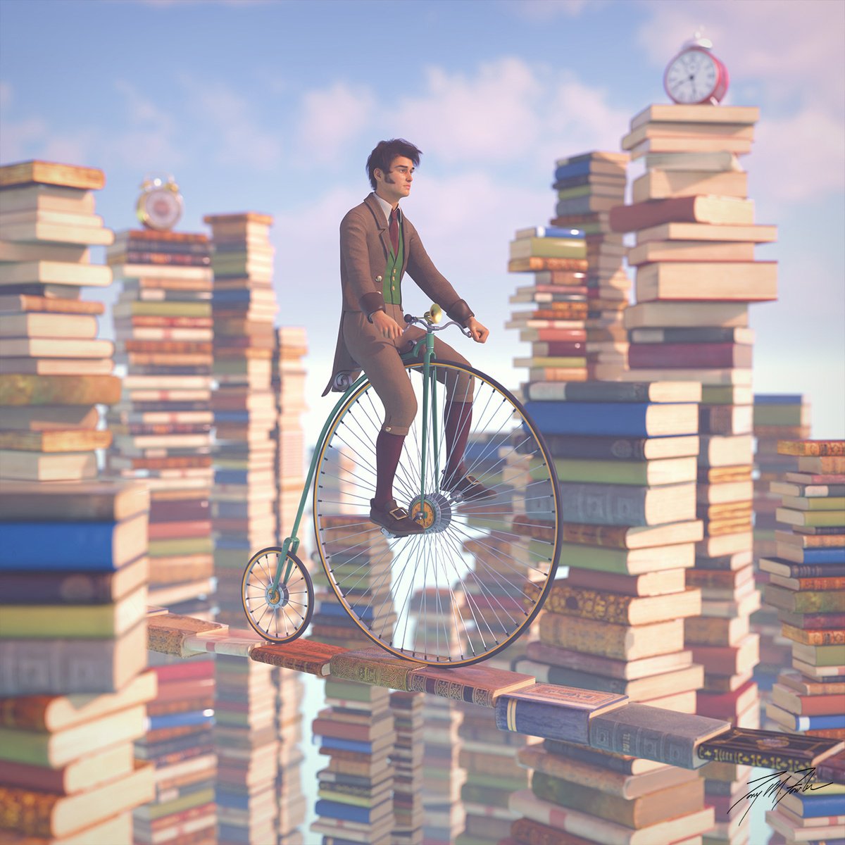 Surrealistic Portrait Giclee Print By Tony Fowler, 29 X 29", Book City, Original Artwork