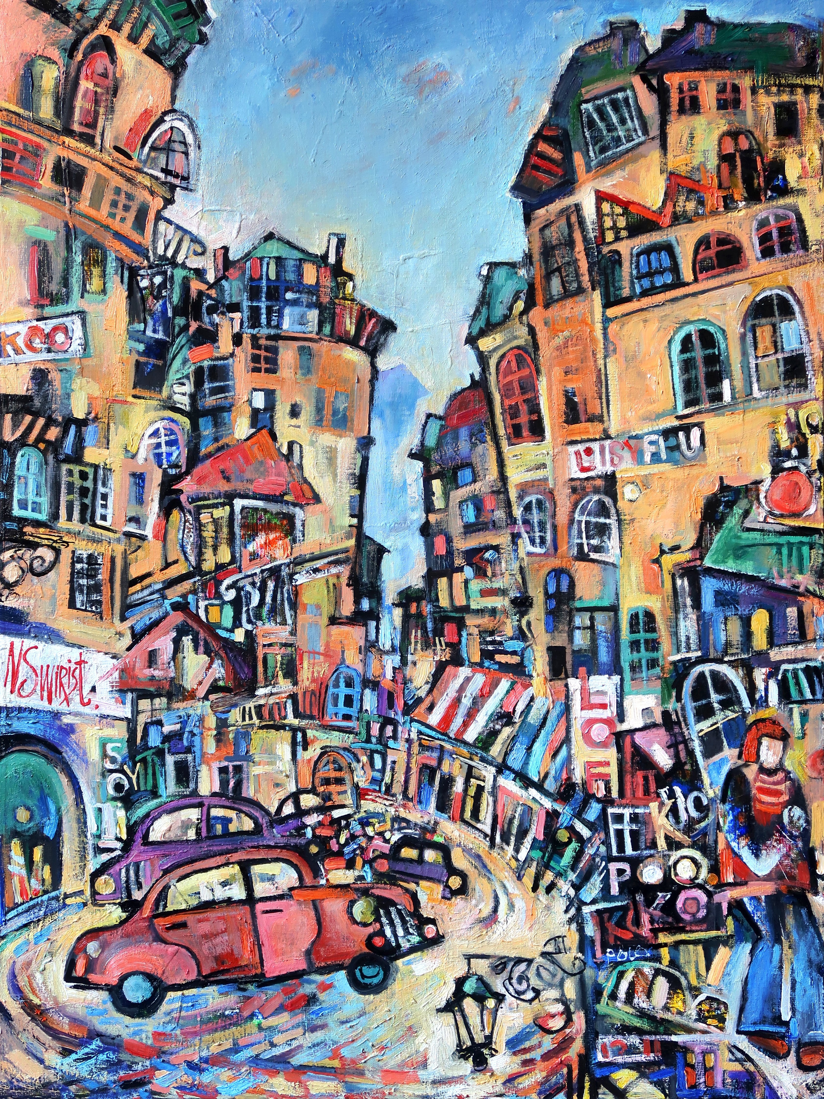 Expressive Cityscapes Oil Painting By Nikifor Swiristuhin, 24 X 31", Walks Through The Orange City., Original Artwork
