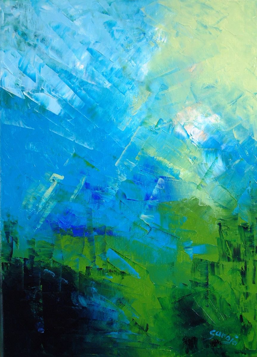 Abstract Landscape Oil Painting By Saroja Van Der Stegen, 15 X 20", Blue Wild (Ref#:947-8P), Original Artwork