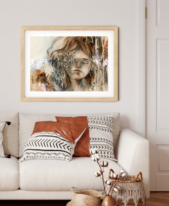 I Was Born in the Right Time, Woman Portrait Painting with Abstract Nature and Text