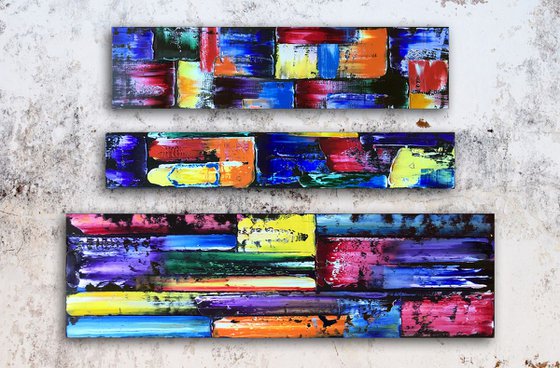 "Stacking" - FREE WORLDWIDE SHIPPING + Save As A Series - Original PMS Abstract Triptych Oil Paintings On Wood - 41" x 25"