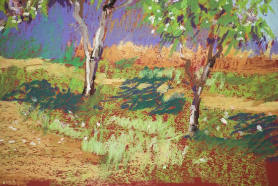 Apple garden. Sunny urban natural impressionistic landscape. Medium size oil pastel impressionistic interior painting travel decor Spain Madrid