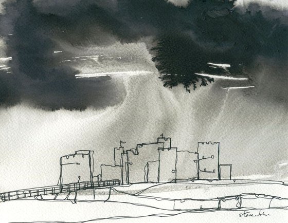 Storm over Caerphilly Castle, Continuous Line Drawing