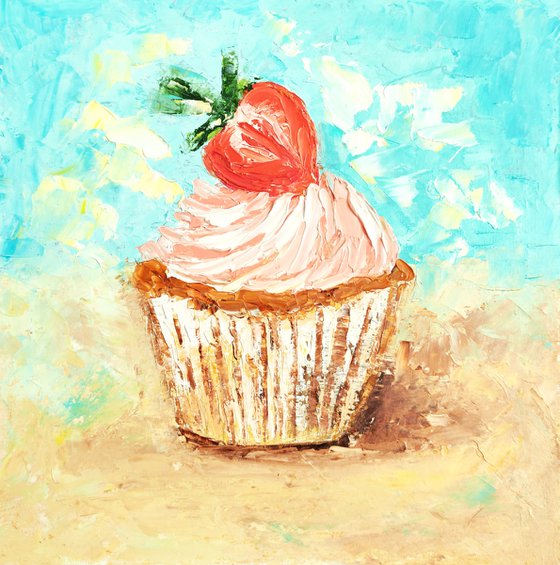 Cupcake Painting Original Art Dessert Artwork Impasto Small Food Wall Art