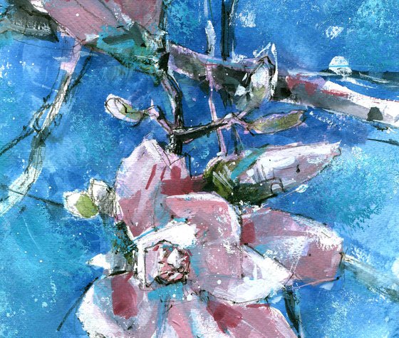 Textured abstract mixed media artwork "Blossoming Magnolia Branches"