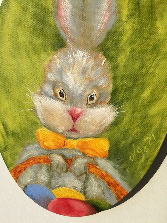 Easter Bunny with eggs - Small ellipse canvas - Funny gift idea