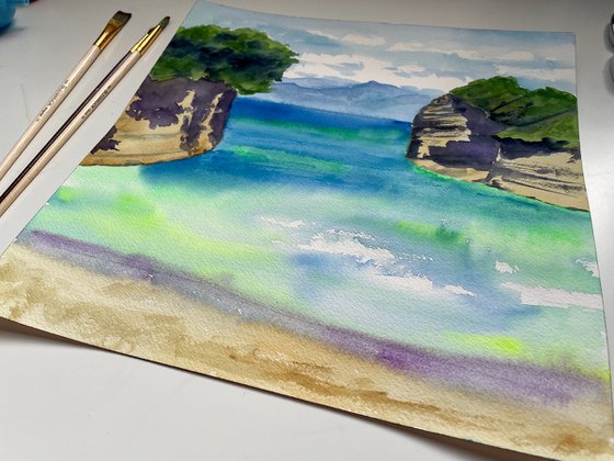 Beach Wall Art, Ocean Painting, Sea Original Watercolor Painting, Greece Landscape Art