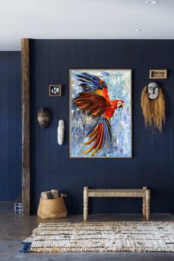 BRIGHTNESS OF FLIGHT - Red bird. Bright parrot. Ara parrot. A bird with large wings. Soaring parrot. Colorful feathers. Large beak. Lush tail. Blue background.