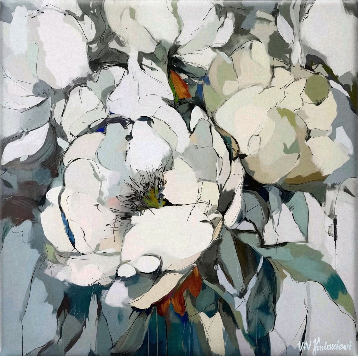 Abstract Acrylic Painting By V+V Kniazievi, 43 X 43", Ivory Reverie #2, Original Artwork