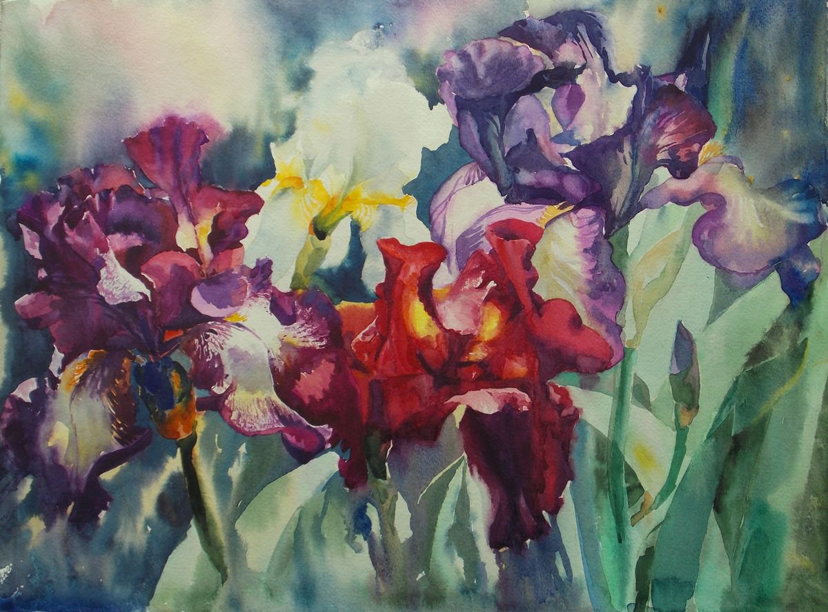 Impressionistic Botanical Watercolour By Yurii Pashkov, 24 X 18", Irises#5, Original Artwork