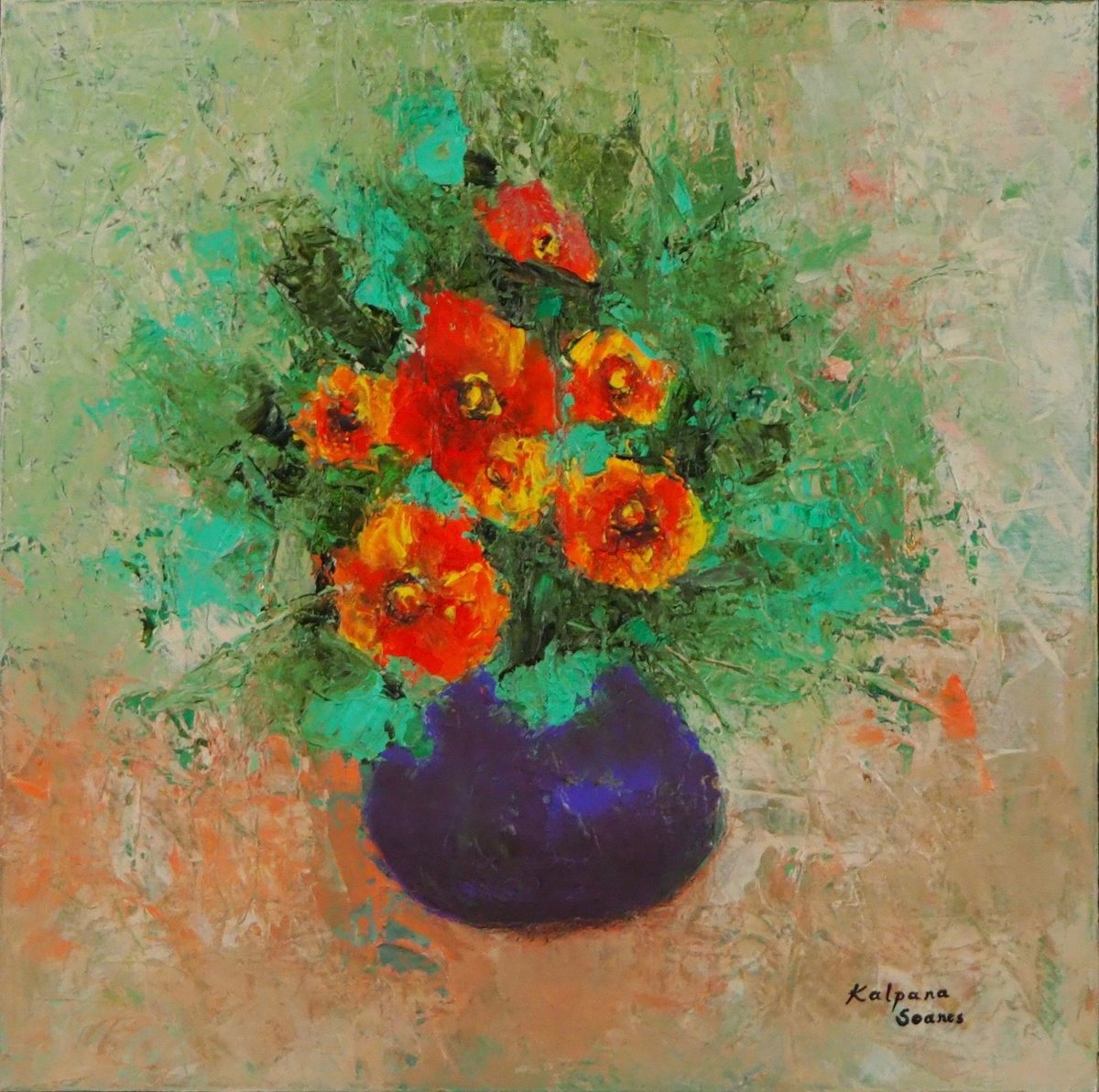 Impressionistic Botanical Acrylic Painting By Kalpana Soanes, 20 X 20", Summer Bunch, Original Artwork
