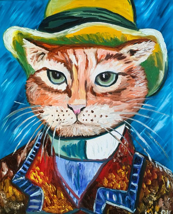 Serious Cat La Van Gogh in a hat FELINE ART FOR CAT LOVERS GIFT IDEA