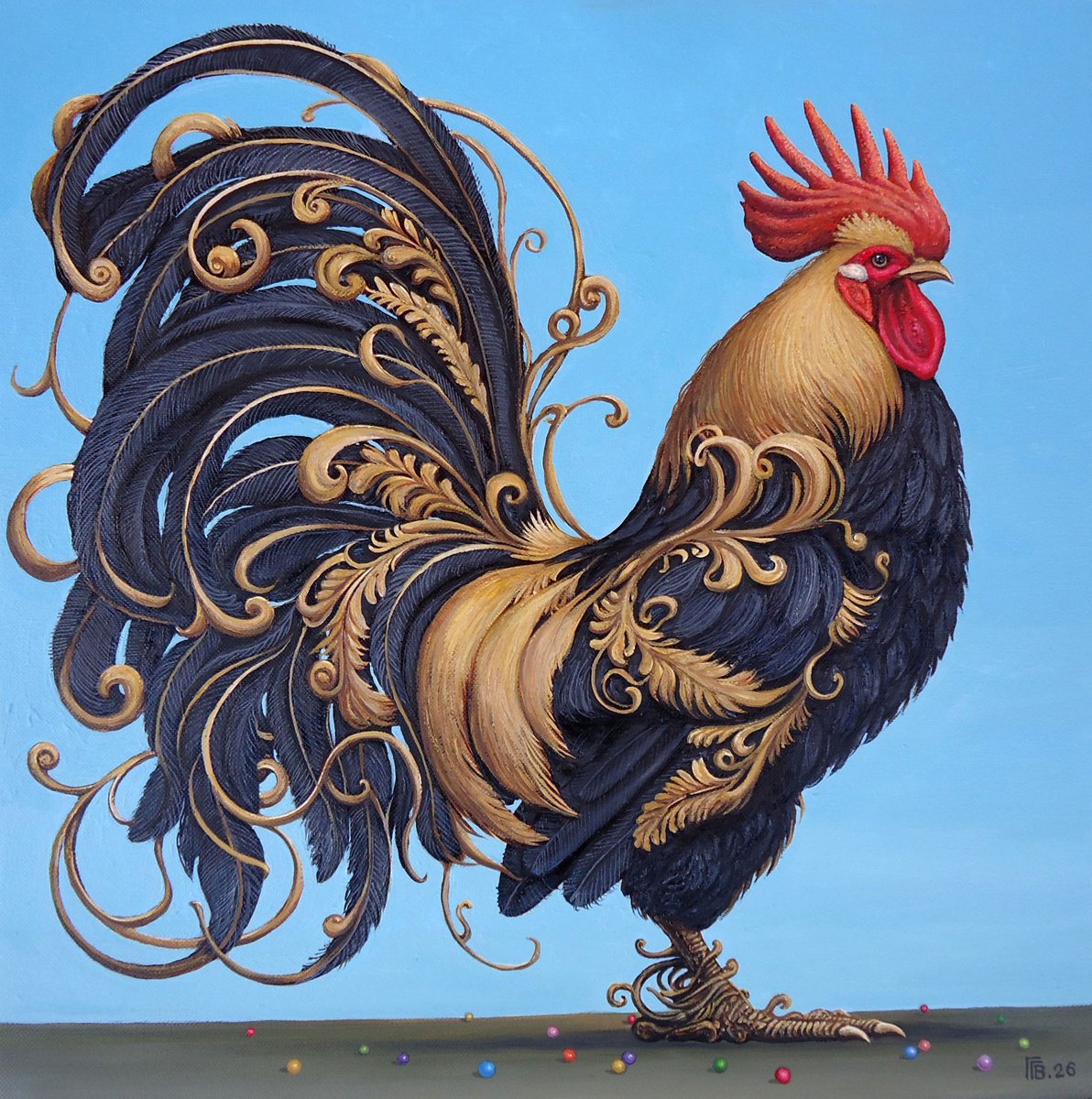 Surrealistic Oil Painting , Rooster Marvel By Grigor Velev, 18 X 18, Artwork For Sale On Artfinder