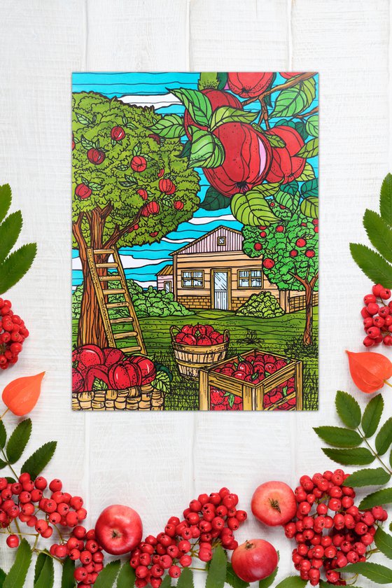 Apple tree garden - country life illustration, red green graphic art