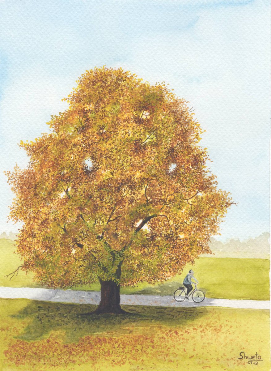 Cycling in the Countryside Watercolor Painting by Shweta Mahajan