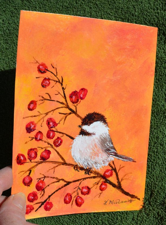 Orange Chickadee - original framed 5X7 inch acrylic painting