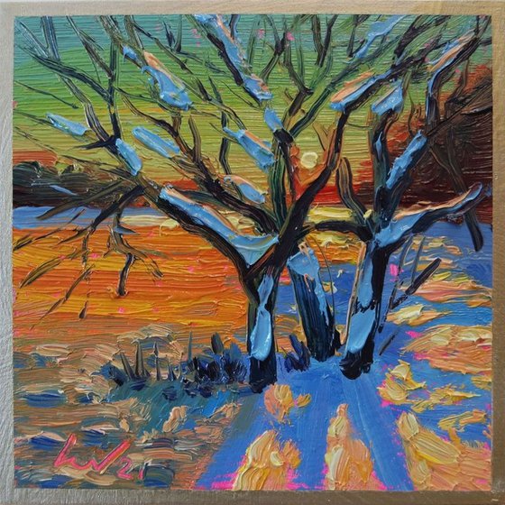 ‘A WARM WINTER SUNSET’ - Small Oil Painting on Panel Ready to Hang