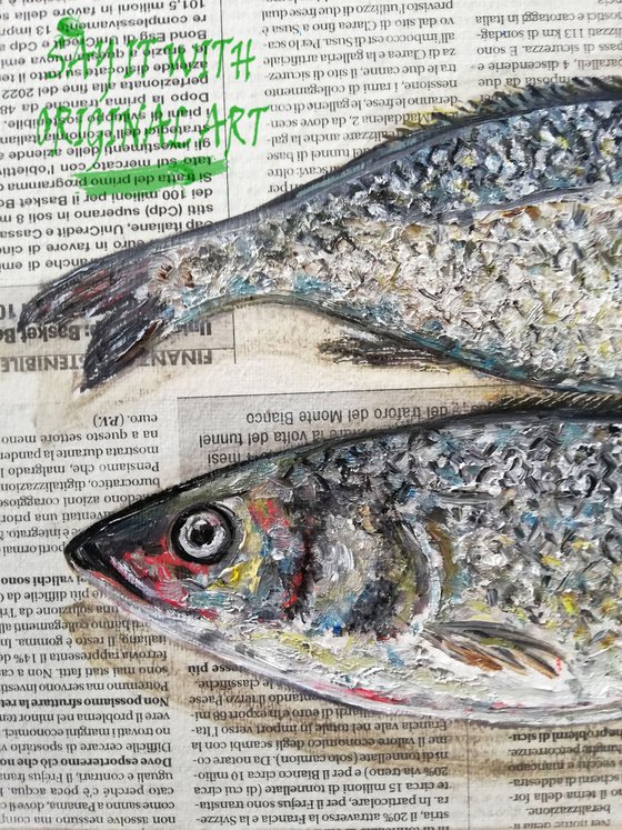 "Scaled Sea Brass Fishes on Newspaper" Original Oil on Canvas Board Painting 12 by 8 inches (30x20 cm)