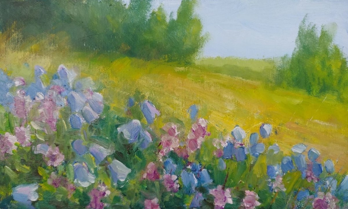 Impressionistic Landscape Oil Painting By Valentina Andrukhova, 10 X 6", Forest Bluebells, Original Artwork