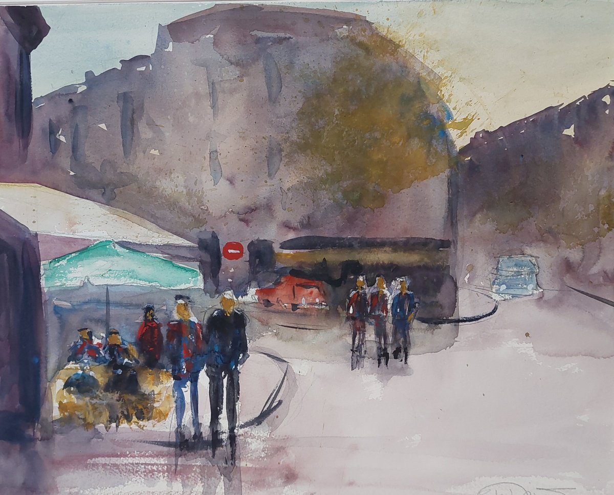 Impressionistic Cityscapes Watercolour By Els Driesen, 22 X 18, Walking In The Street, Original Artwork